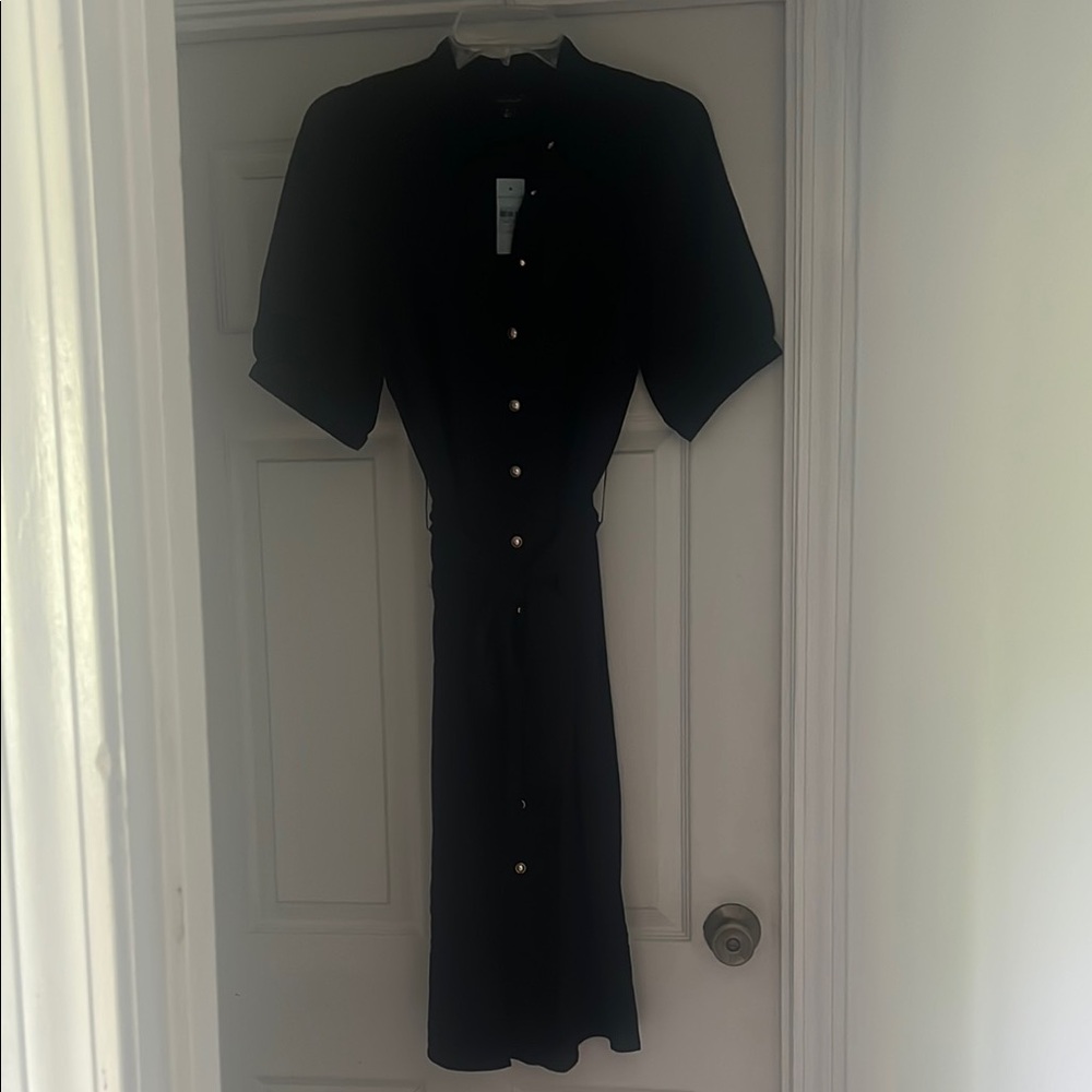 Ann Taylor Black Sheath Midi Dress with Mandarin Collar